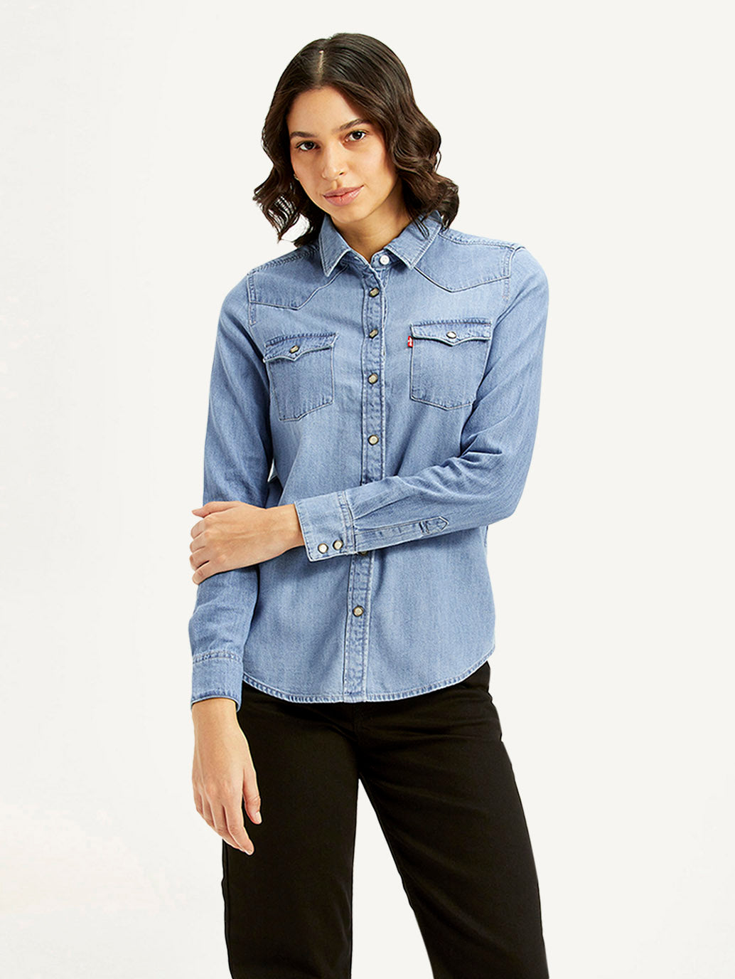 Women's Solid Regular Fit Denim Shirt - Front View