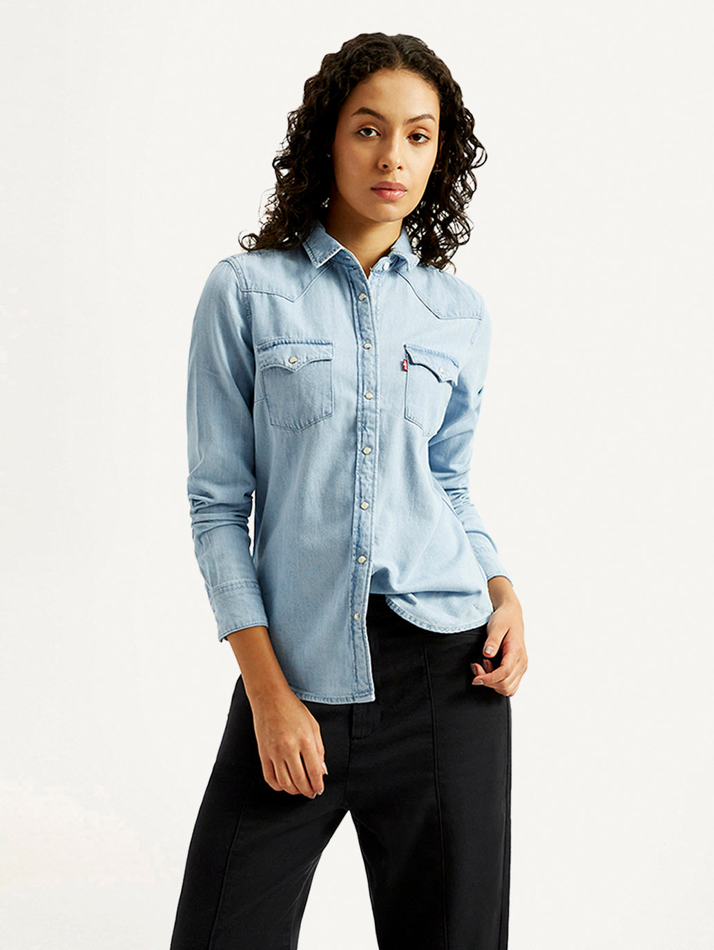 Women's Solid Spread Collar Denim Shirt - Styleshot View