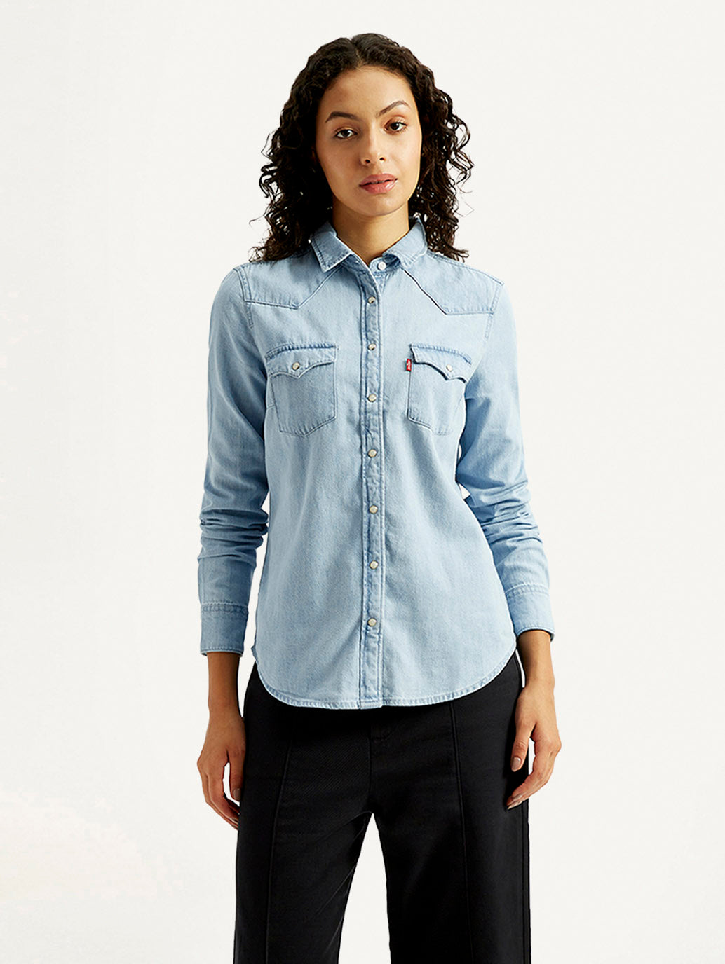 Women's Solid Spread Collar Denim Shirt - Front View
