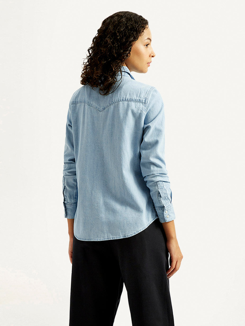 Women's Solid Spread Collar Denim Shirt - Back View