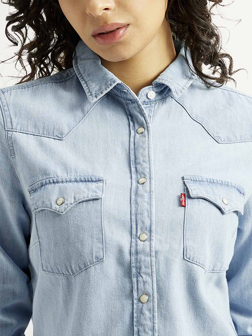 Women's Solid Spread Collar Denim Shirt - Detail View