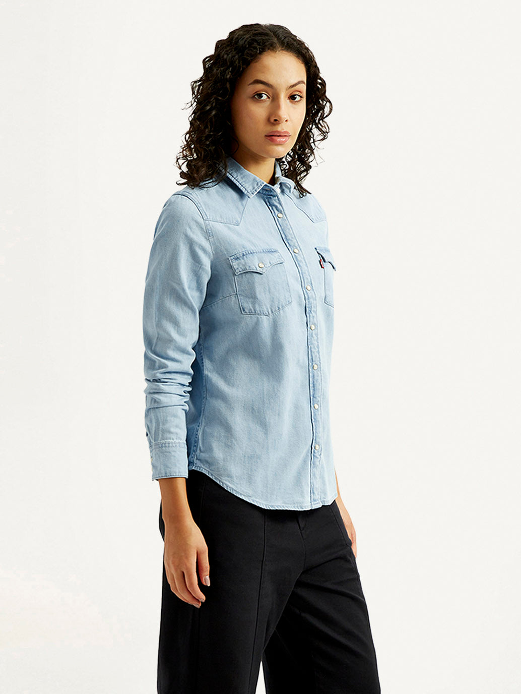 Women's Solid Spread Collar Denim Shirt - Side View