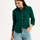 Women's Textured Dark Green Spread Collar Shirt - Styleshot View