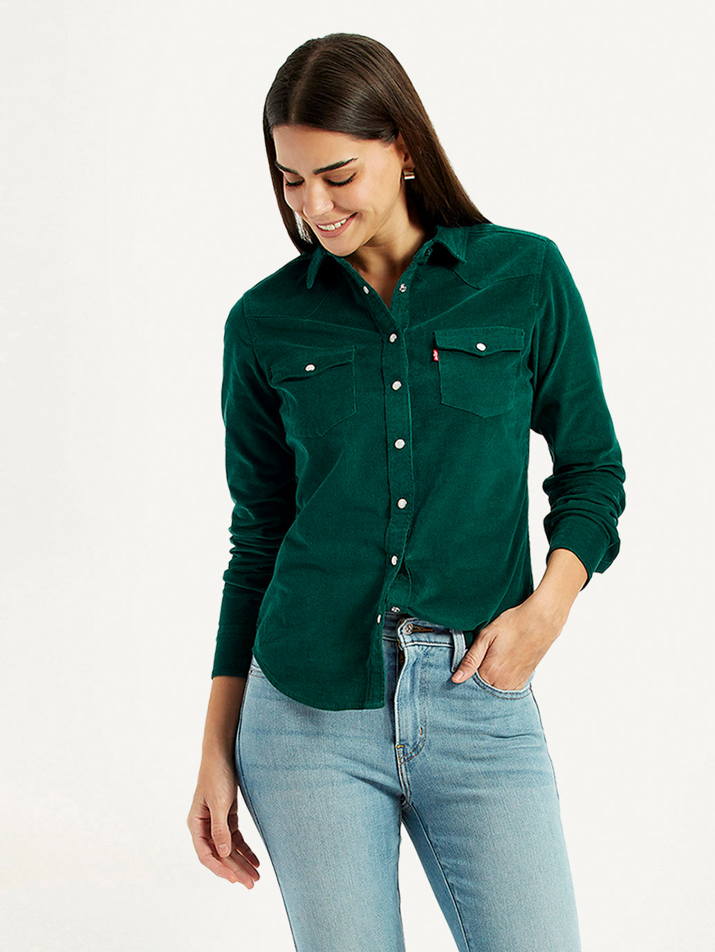 Women's Textured Dark Green Spread Collar Shirt
