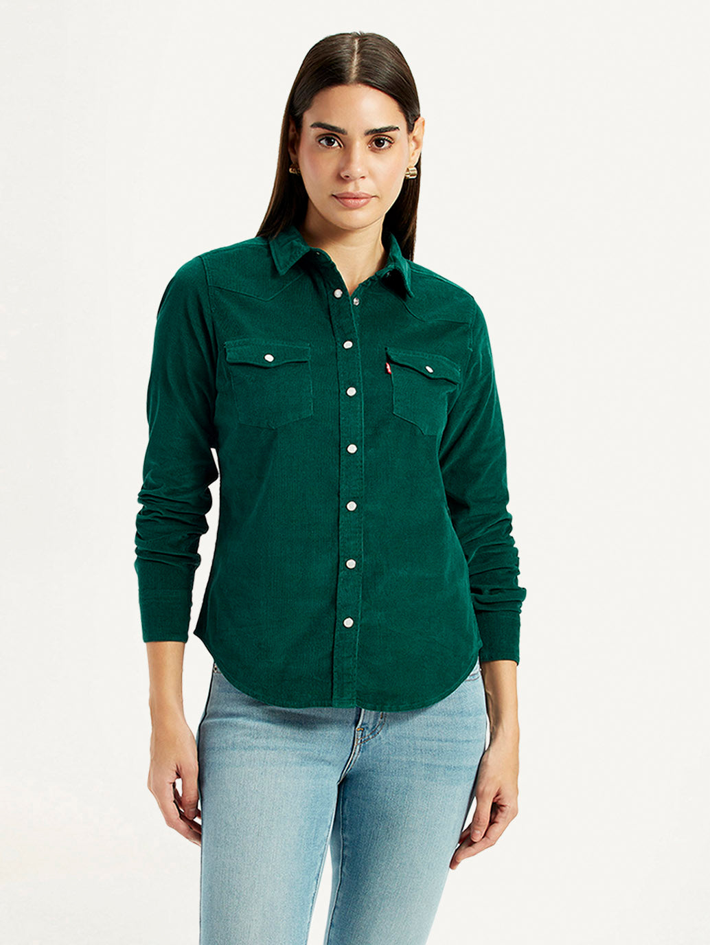 Women's Textured Dark Green Spread Collar Shirt - Front View