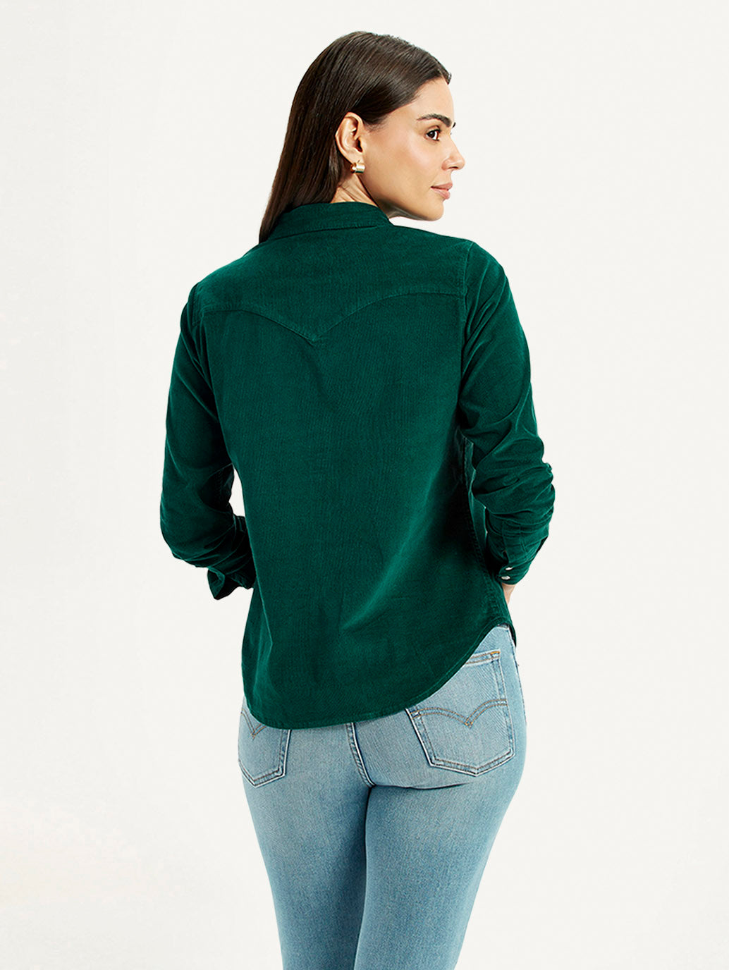 Women's Textured Dark Green Spread Collar Shirt - Back View