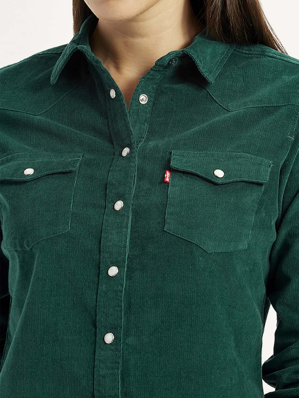 Women's Textured Dark Green Spread Collar Shirt - Detail View