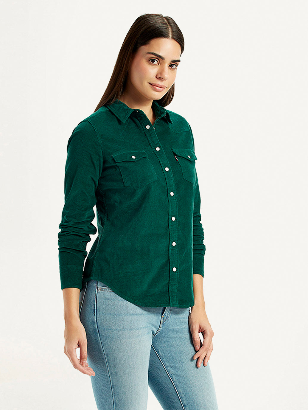 Women's Textured Dark Green Spread Collar Shirt - Side View