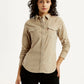 Women's Solid Beige Spread Collar Shirt - Styleshot View