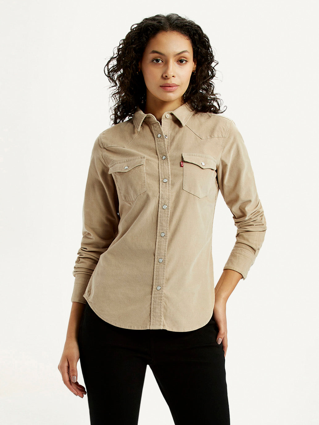 Women's Solid Beige Spread Collar Shirt - Styleshot View