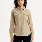 Women's Solid Beige Spread Collar Shirt - Front View