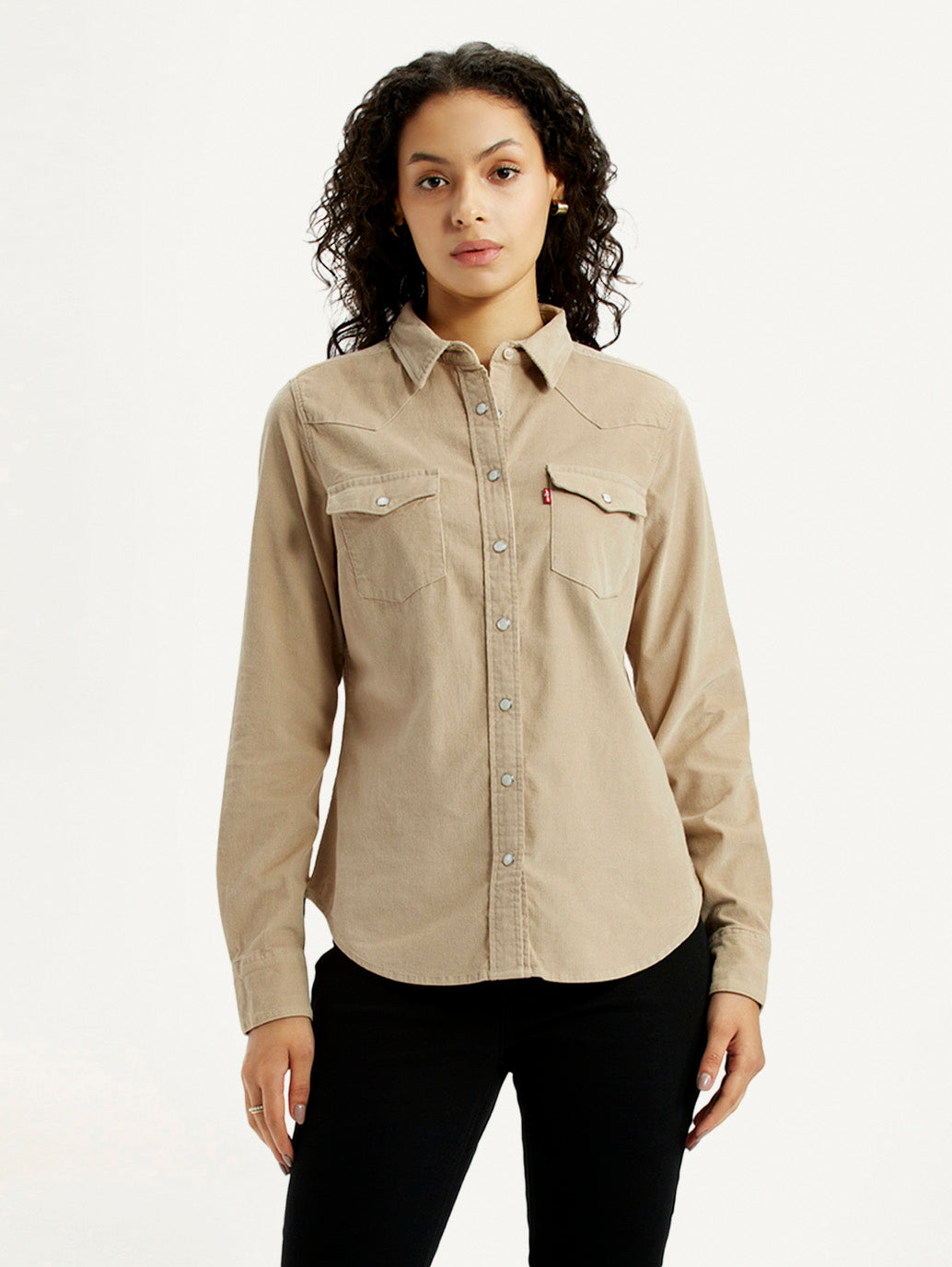 Women's Solid Beige Spread Collar Shirt - Front View