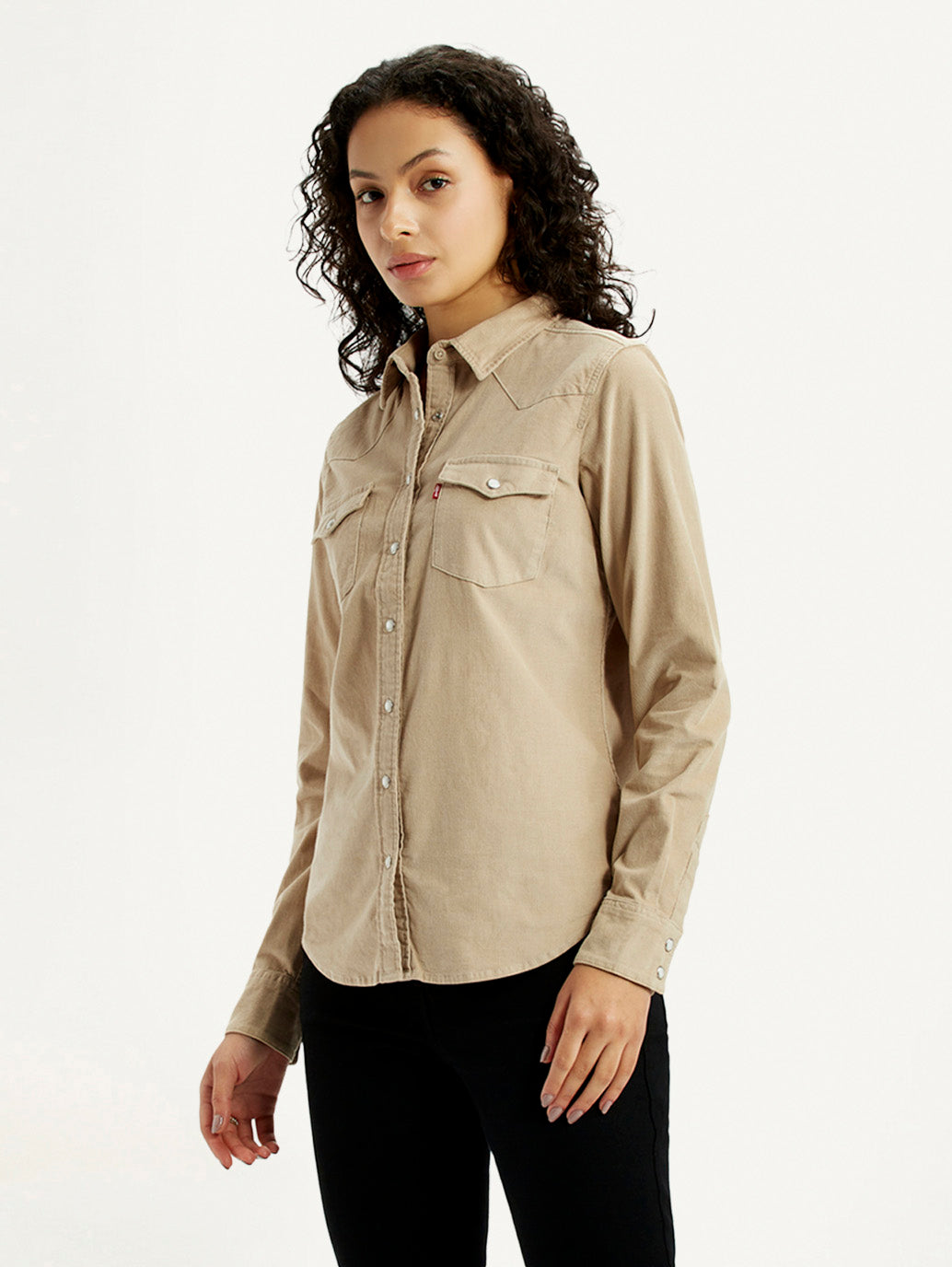 Women's Solid Beige Spread Collar Shirt - Side View