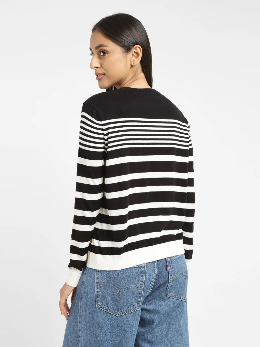Women's Striped Black Spread Collar Sweater