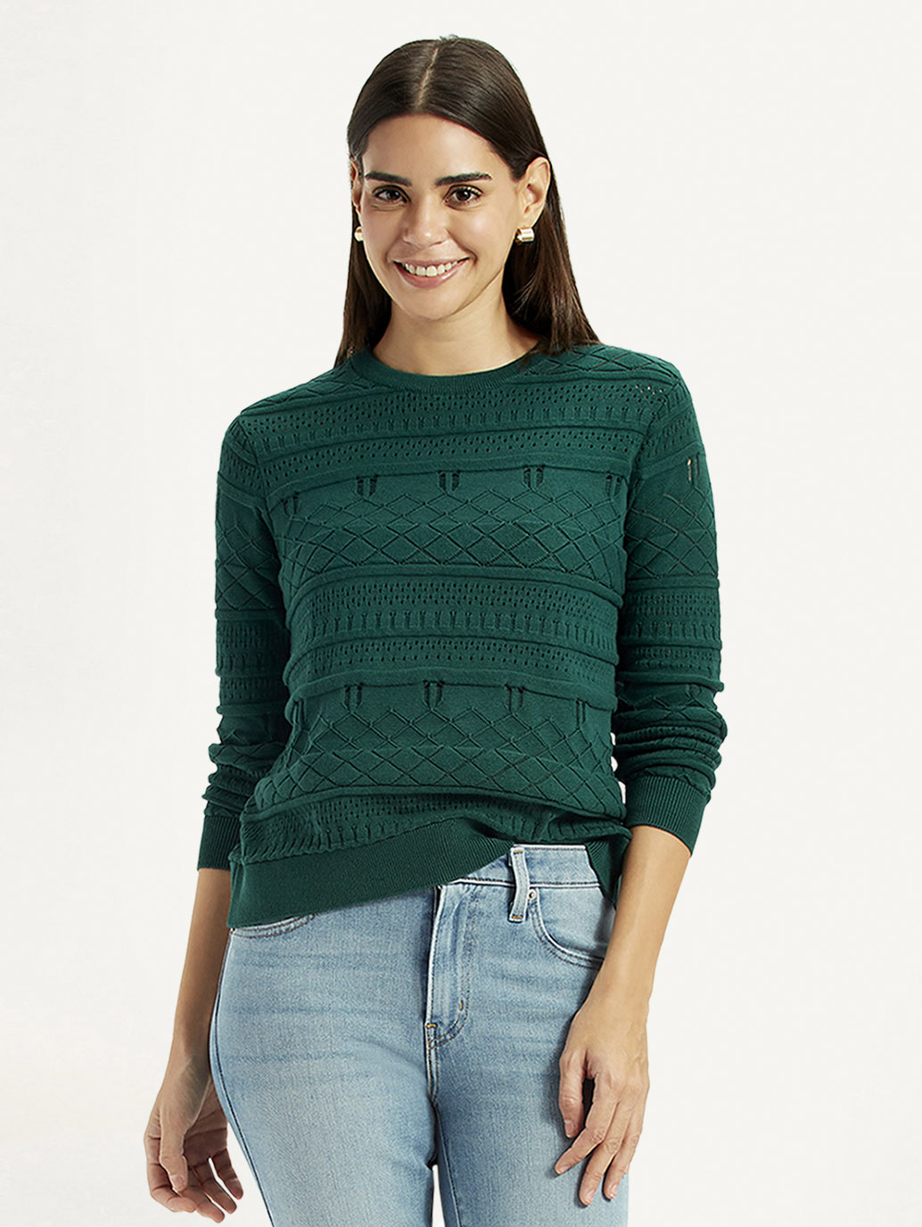 Women's Self-Design Dark Green Crew Neck Sweater