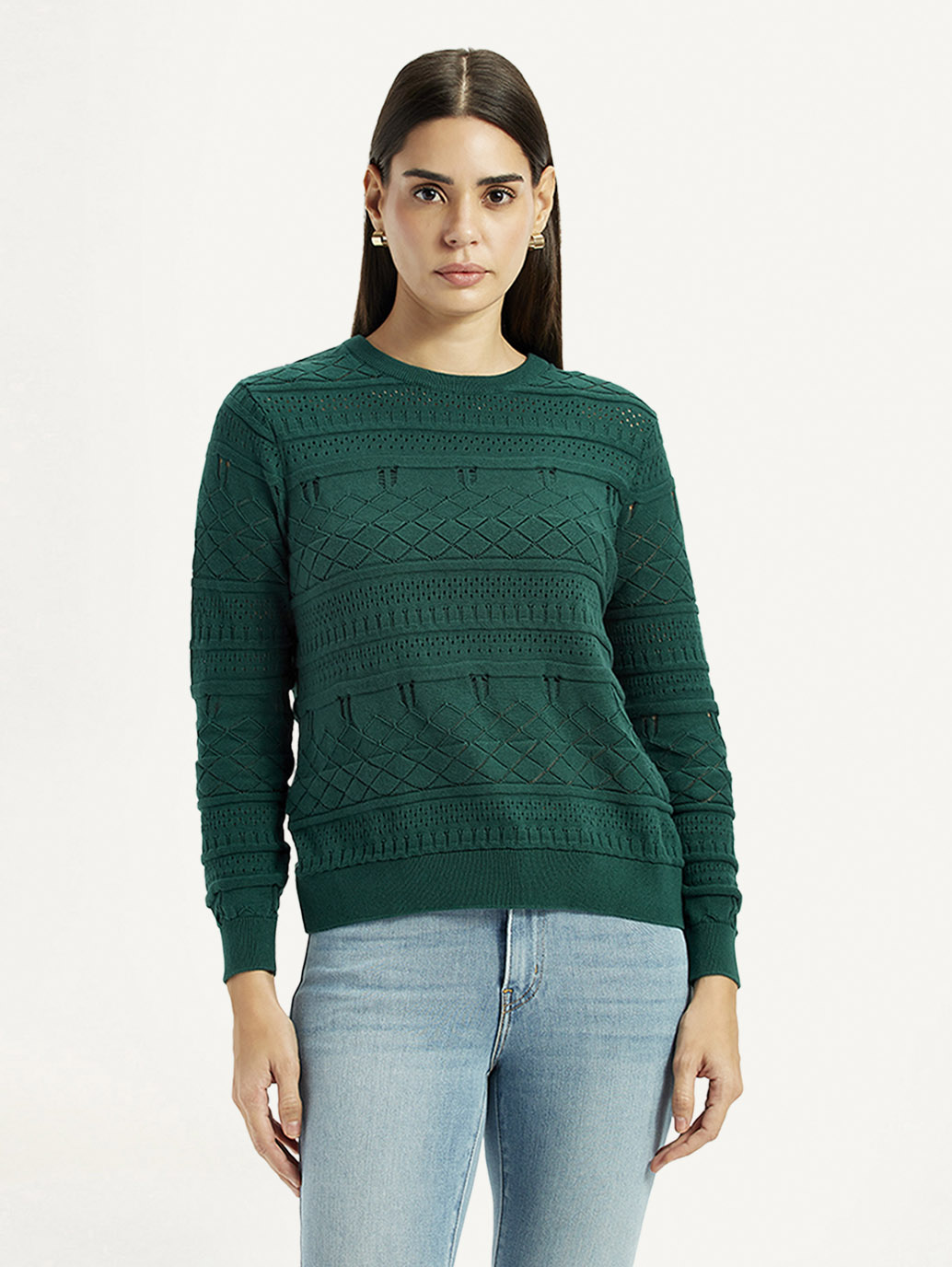 Women's Self-Design Dark Green Crew Neck Sweater - Front View