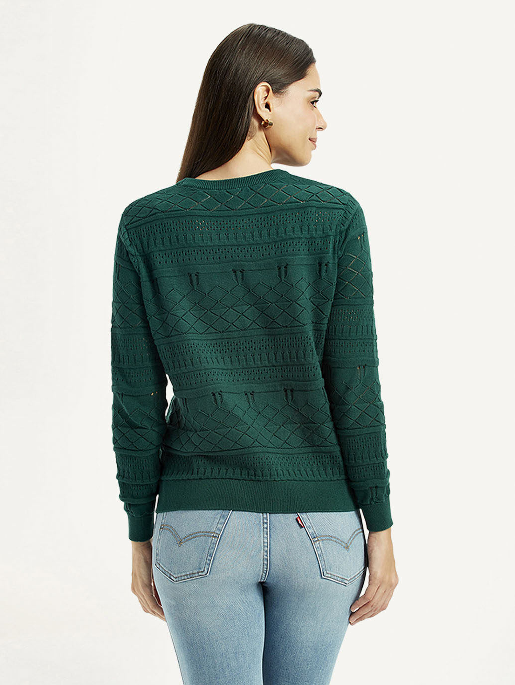Women's Self-Design Dark Green Crew Neck Sweater - Back View