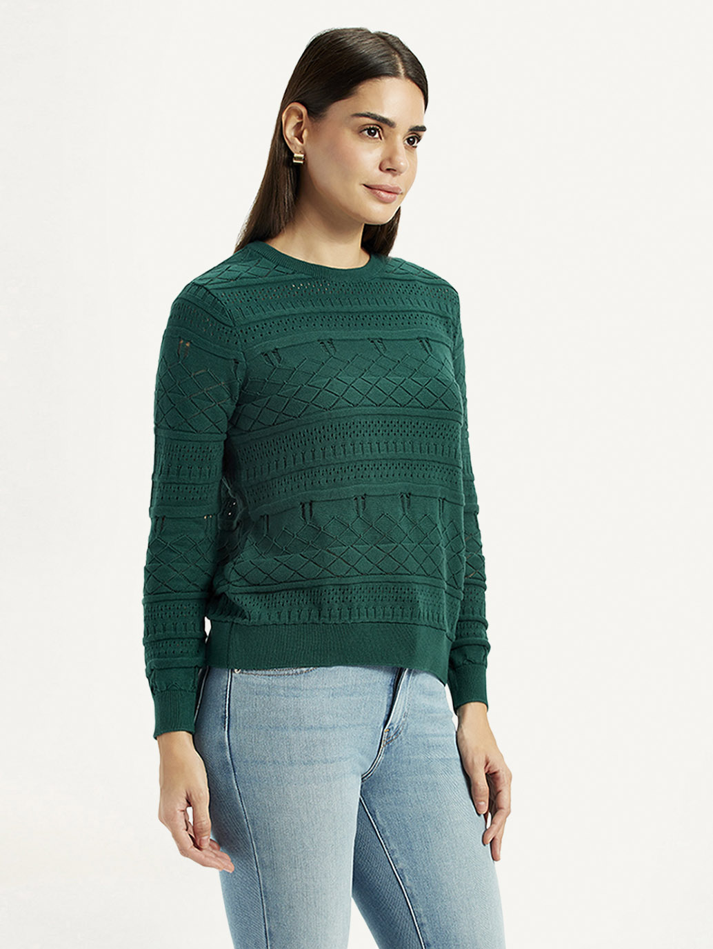 Women's Self-Design Dark Green Crew Neck Sweater - Side View