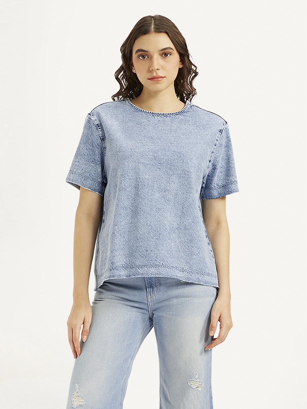 Women's Solid Light Blue Round Neck Denim Top