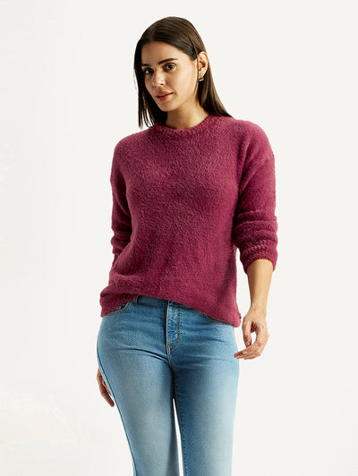 Women's Solid Maroon Crew Neck Sweater