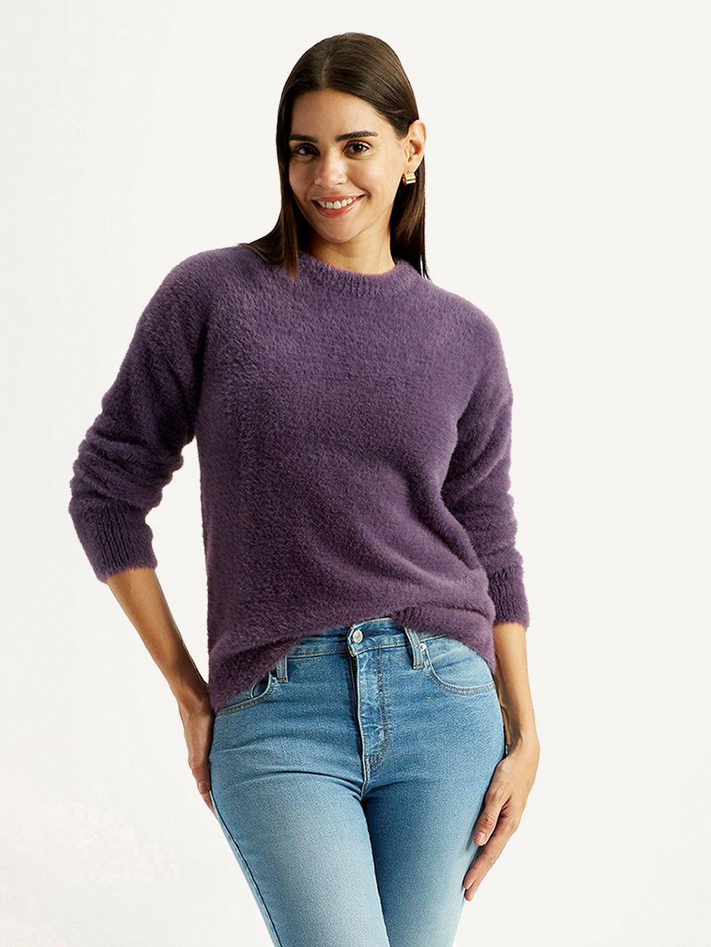 Women's Solid Purple Crew Neck Sweater - Styleshot View