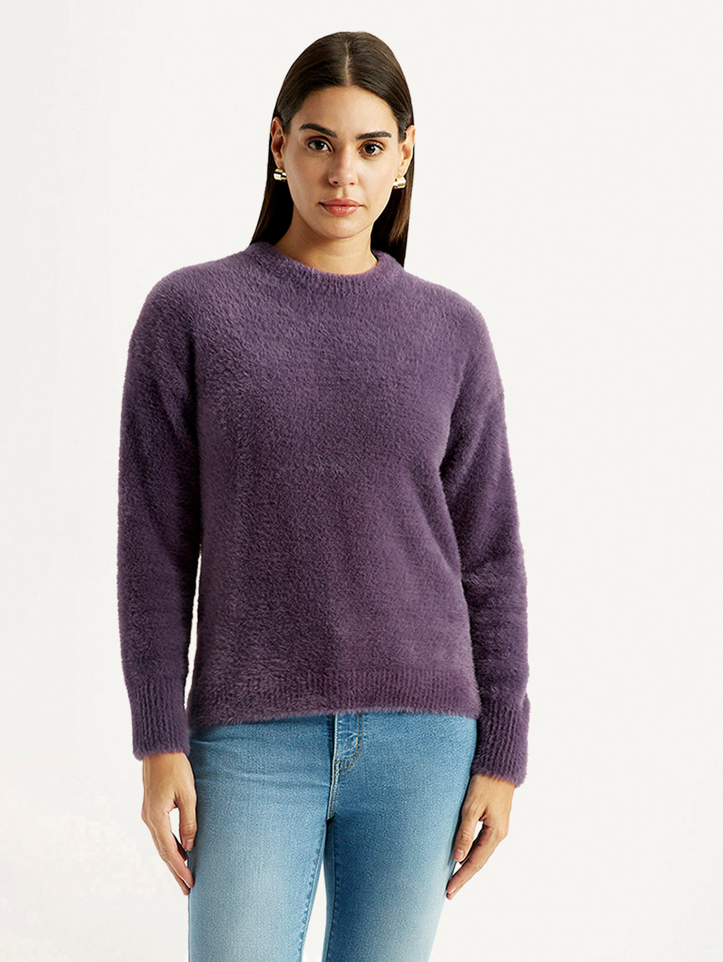 Women's Solid Purple Crew Neck Sweater - Front View