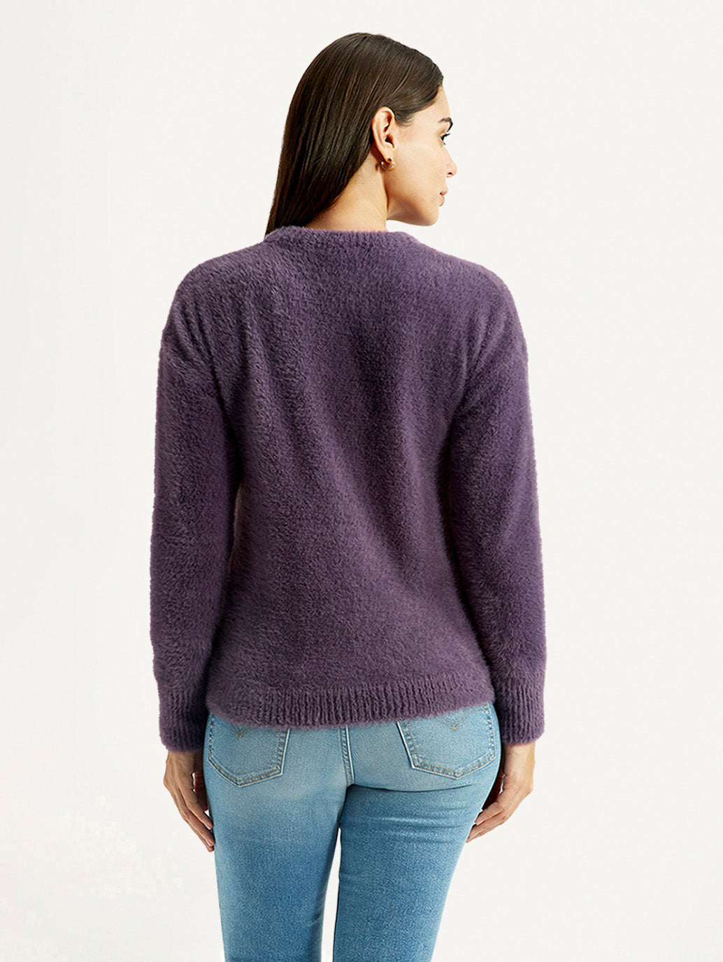 Women's Solid Purple Crew Neck Sweater - Back View