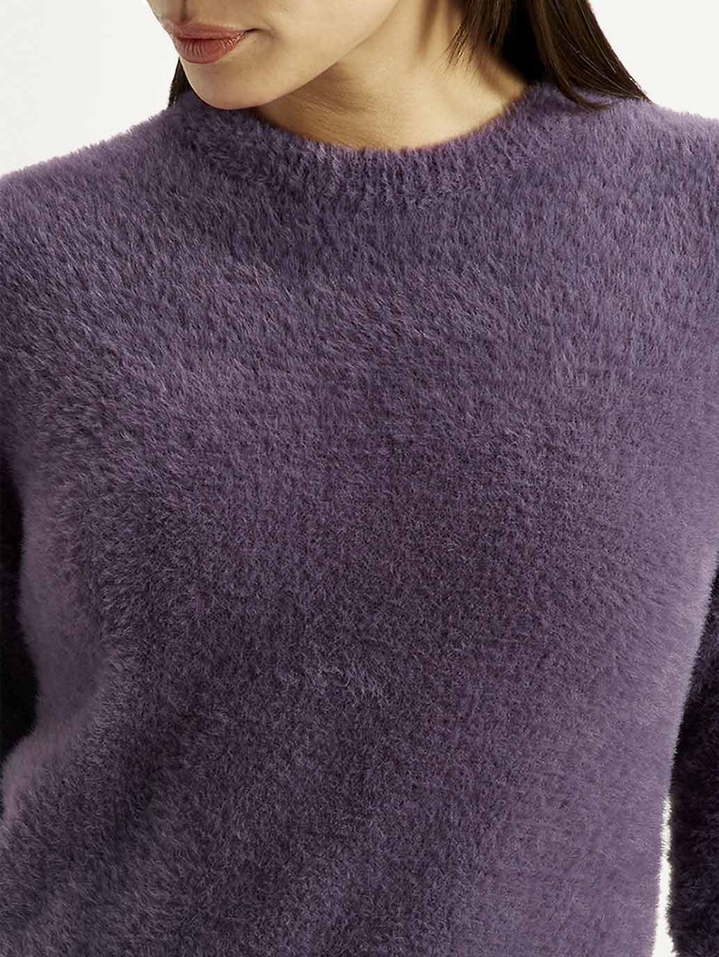 Women's Solid Purple Crew Neck Sweater - Detail View
