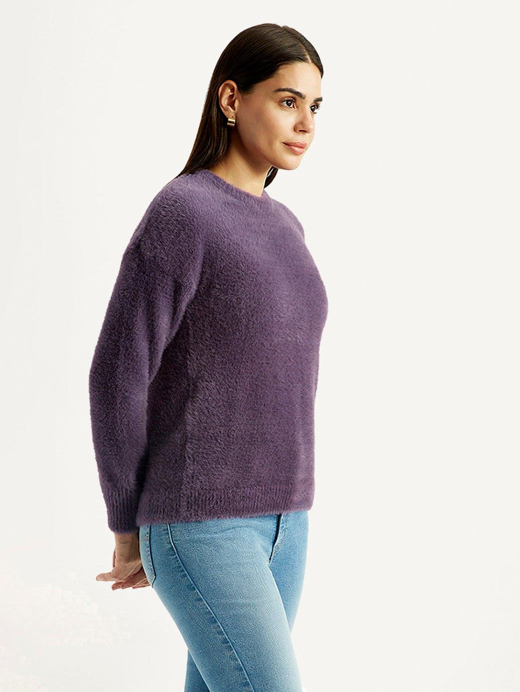 Women's Solid Purple Crew Neck Sweater - Side View