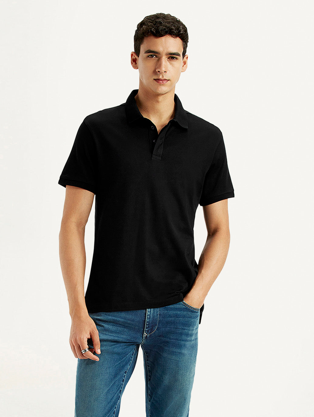 Men's Redloop Solid Black Slim Fit Polo T-shirt - Styleshot View