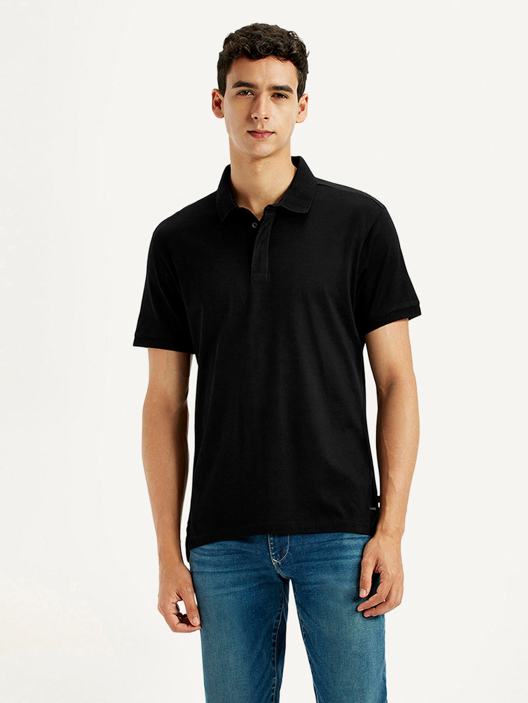 Men's Redloop Solid Black Slim Fit Polo T-shirt - Front View