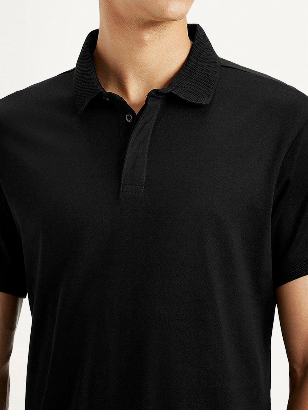Men's Redloop Solid Black Slim Fit Polo T-shirt - Detail View