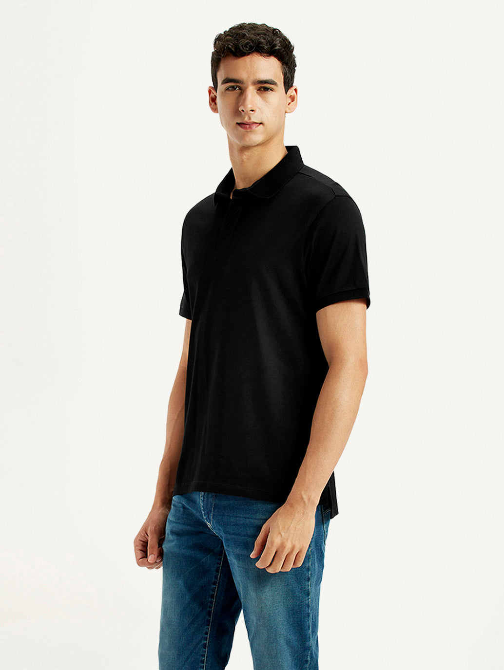 Men's Redloop Solid Black Slim Fit Polo T-shirt - Side View