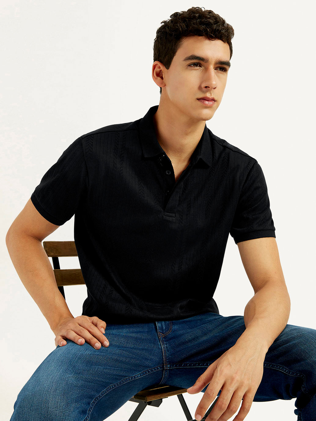 Men's Redloop Self Design Black Slim Fit Polo T-shirt - Elevated View