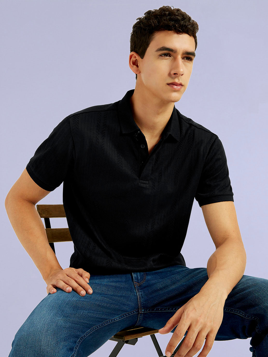 Men's Redloop Self Design Black Slim Fit Polo T-shirt