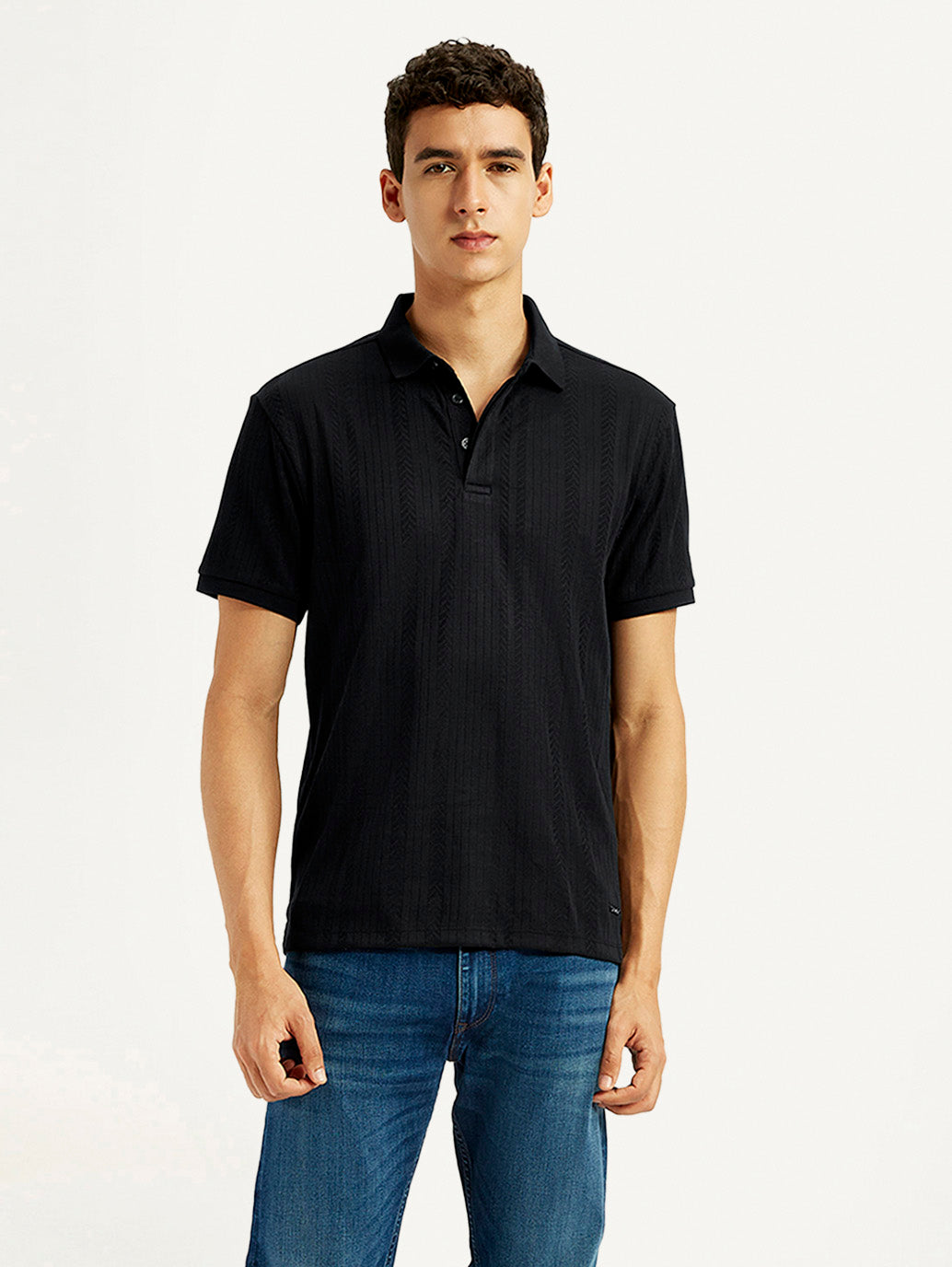 Men's Redloop Self Design Black Slim Fit Polo T-shirt - Styleshot View