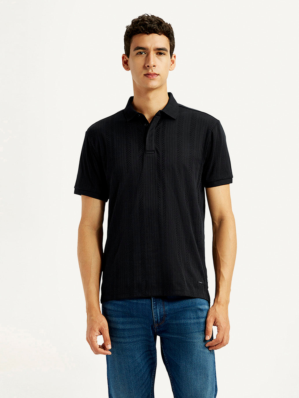 Men's Redloop Self Design Black Slim Fit Polo T-shirt - Front View