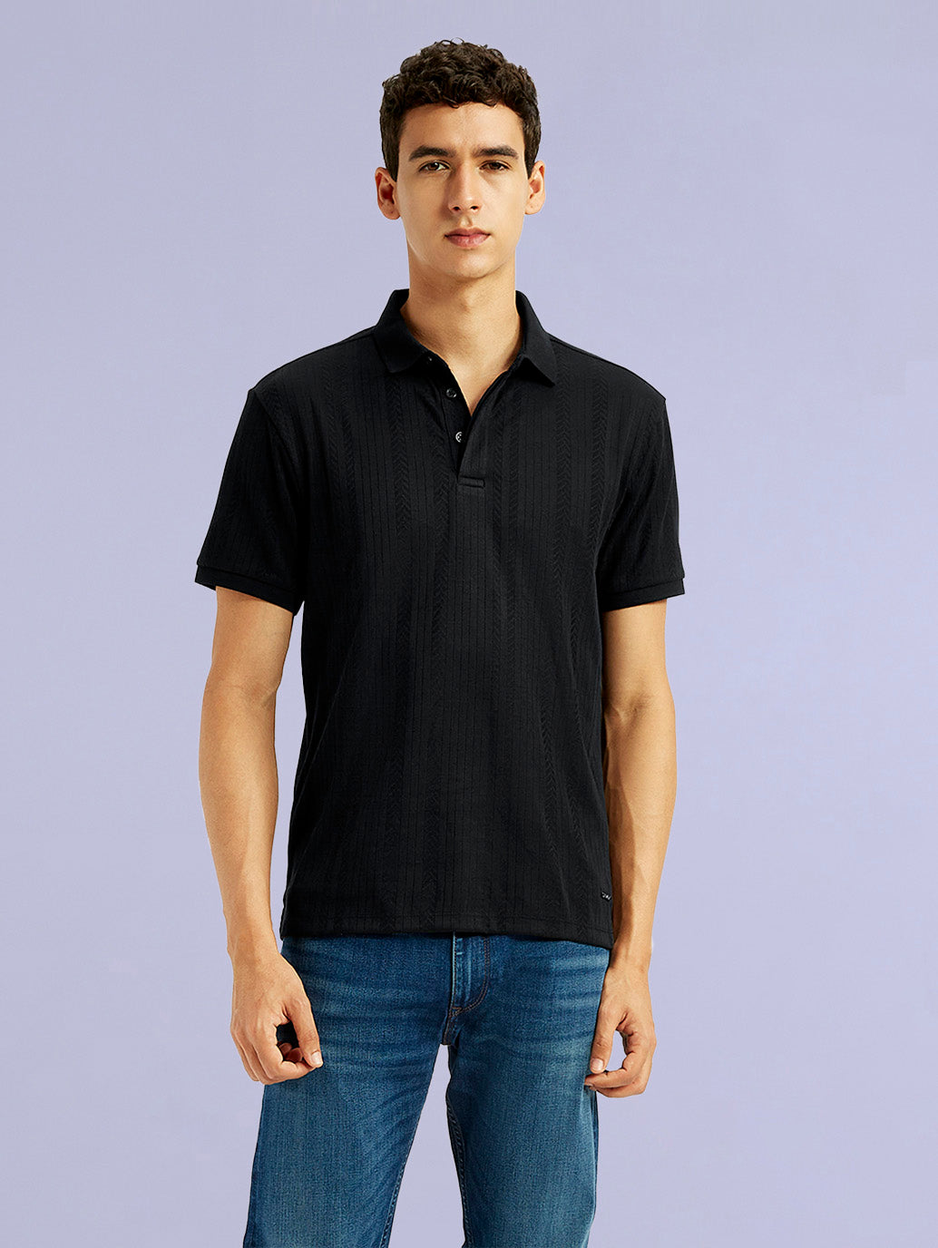 Men's Redloop Self Design Black Slim Fit Polo T-shirt - Styleshot View