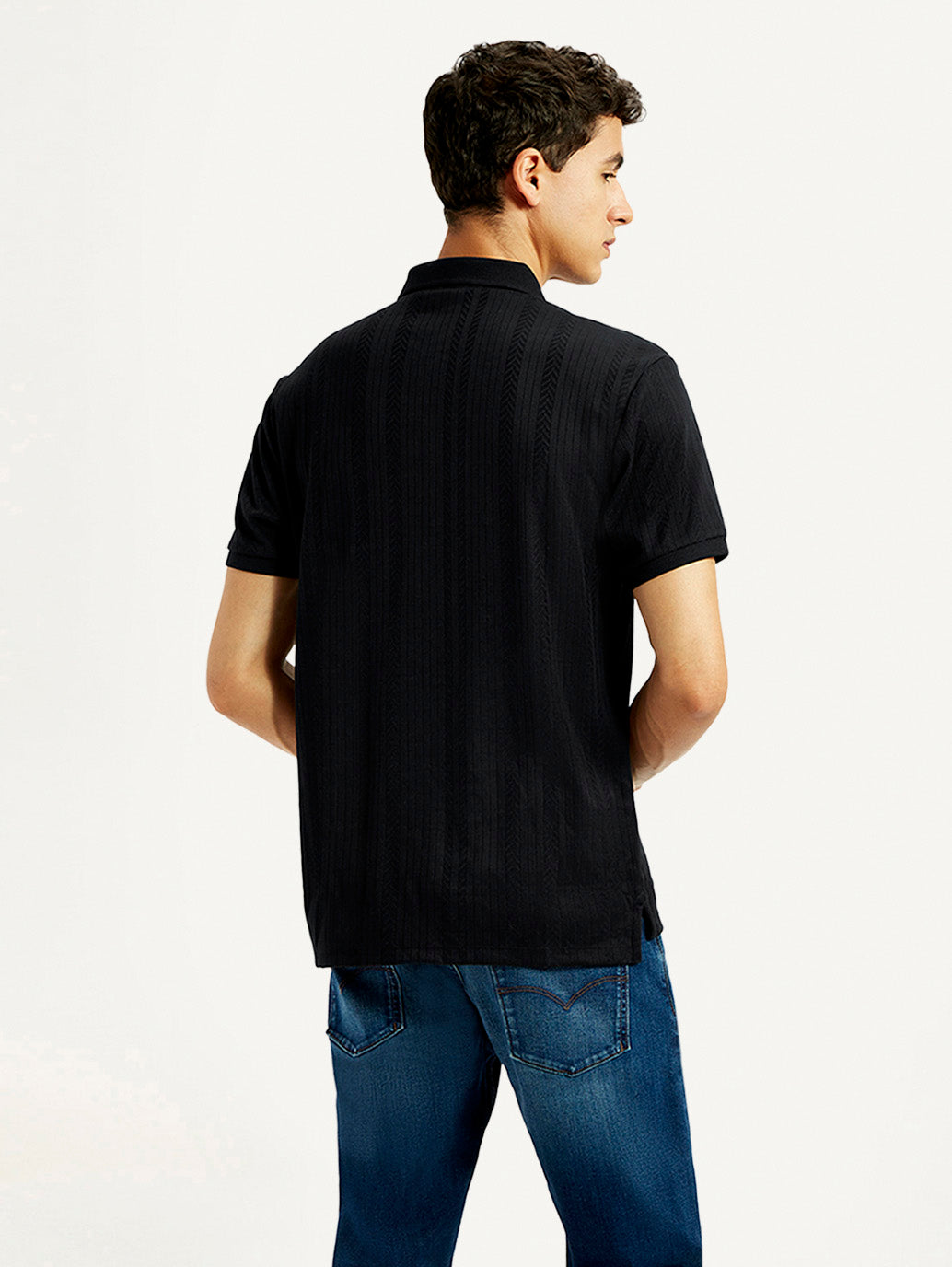 Men's Redloop Self Design Black Slim Fit Polo T-shirt - Back View