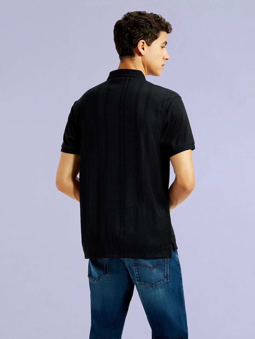 Men's Redloop Self Design Black Slim Fit Polo T-shirt - Back View