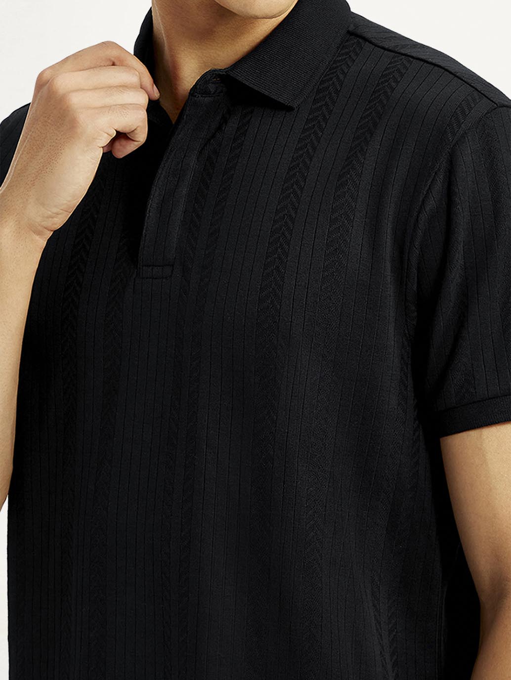 Men's Redloop Self Design Black Slim Fit Polo T-shirt - Detail View
