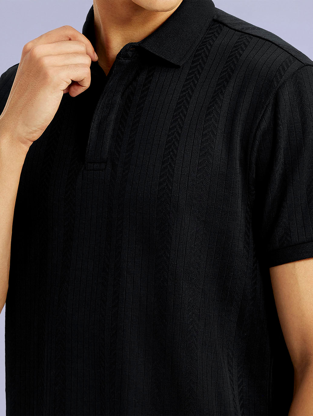 Men's Redloop Self Design Black Slim Fit Polo T-shirt - Detail View