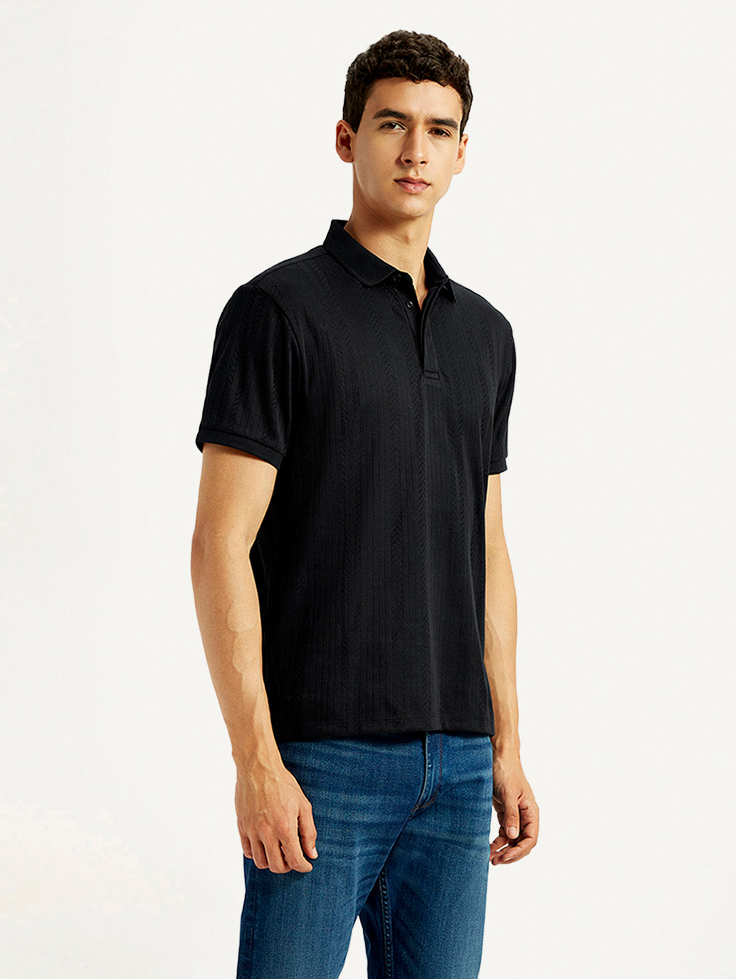 Men's Redloop Self Design Black Slim Fit Polo T-shirt - Side View