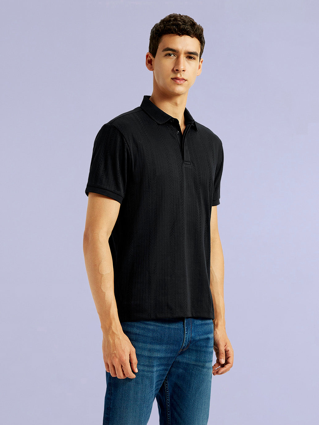 Men's Redloop Self Design Black Slim Fit Polo T-shirt - Side View