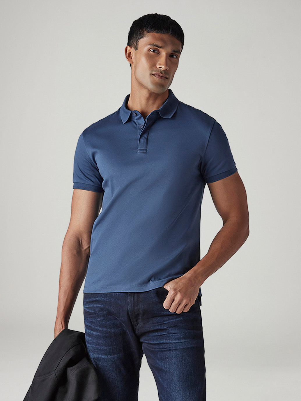 Men's Solid Blue Slim Fit Redloop Interlock Polo T-shirt - Styleshot View