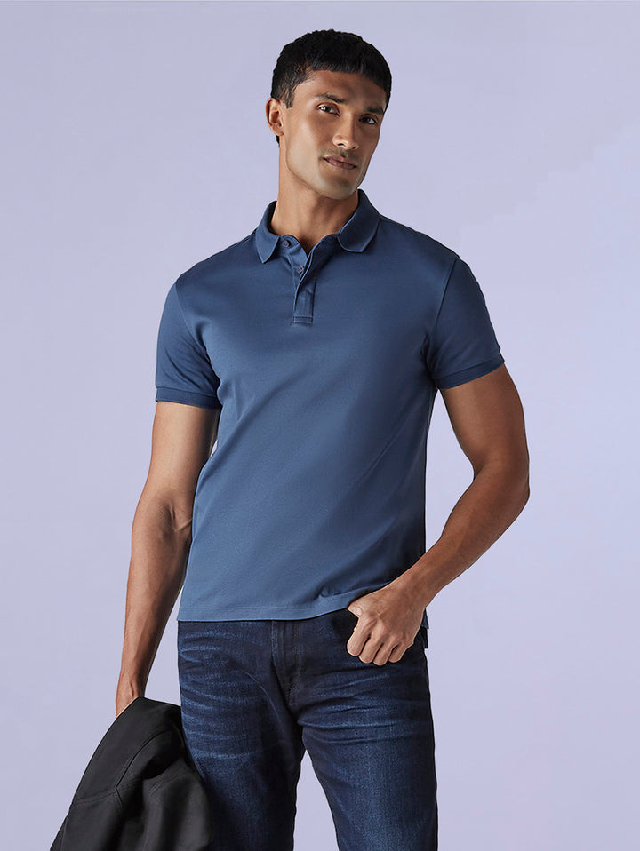 Men's Solid Blue Slim Fit Redloop Interlock Polo T-shirt