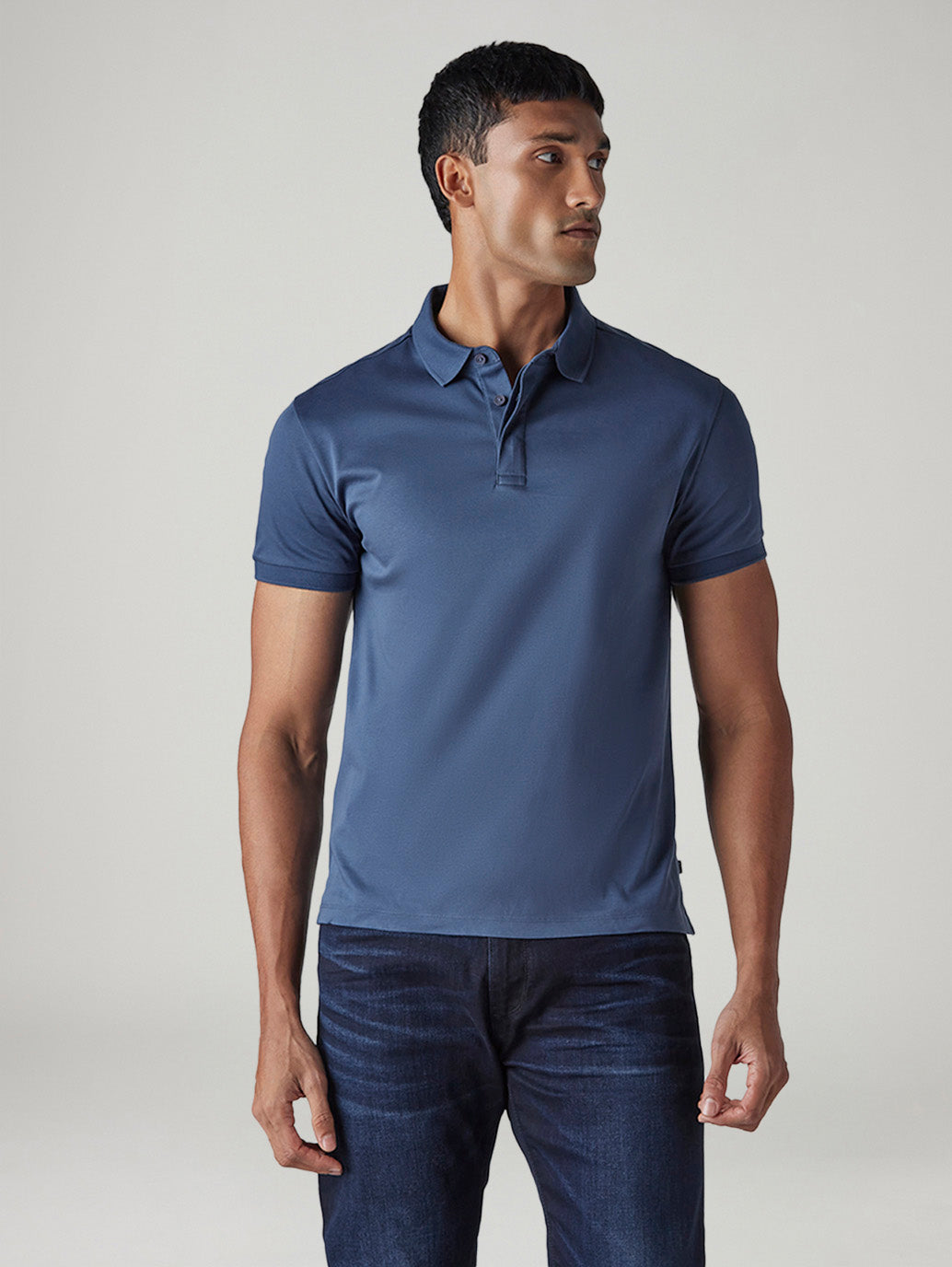 Men's Solid Blue Slim Fit Redloop Interlock Polo T-shirt - Front View