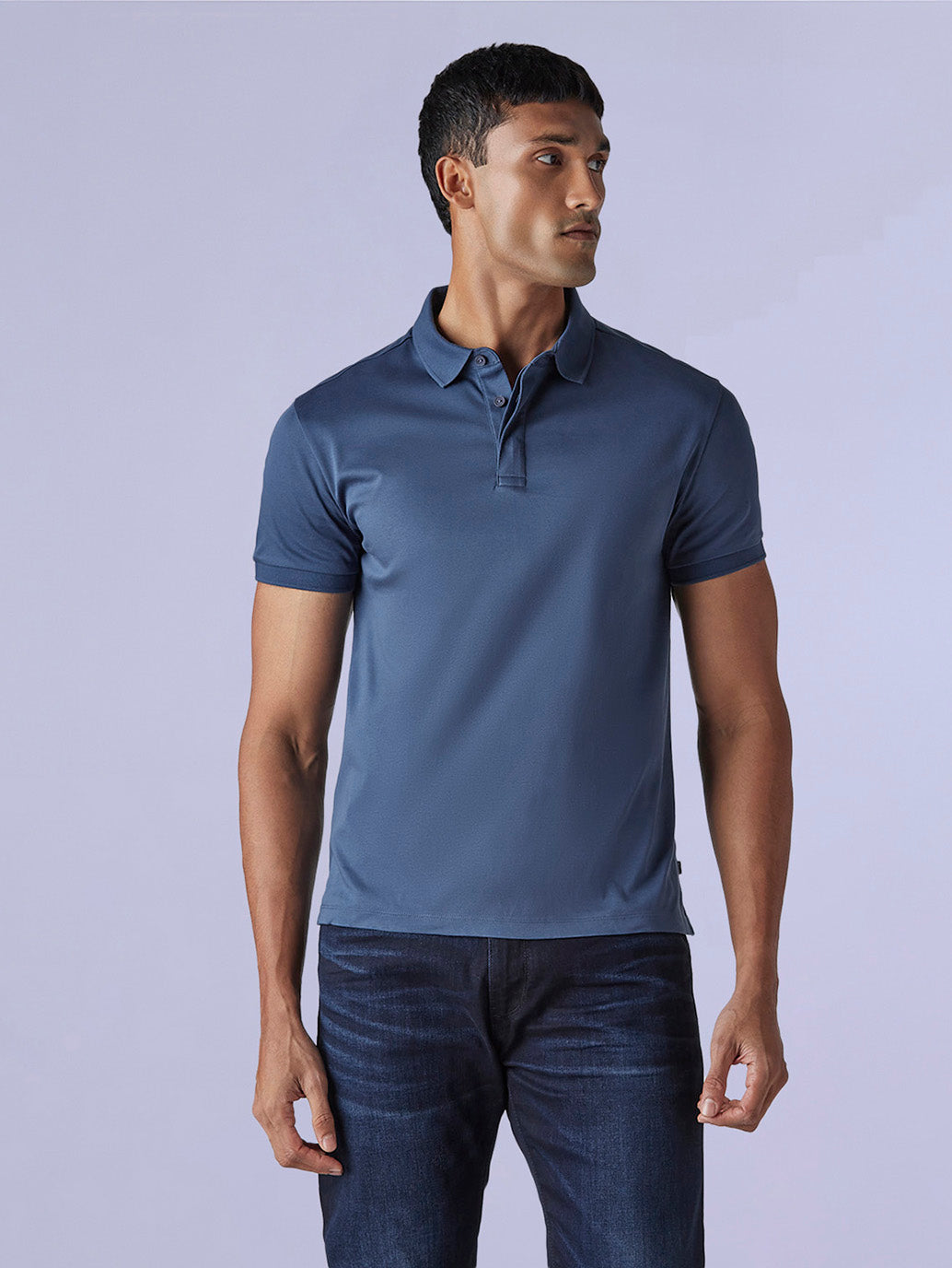 Men's Solid Blue Slim Fit Redloop Interlock Polo T-shirt - 2696c2db-4802-4074-b5dd-fc12cbac3562 View