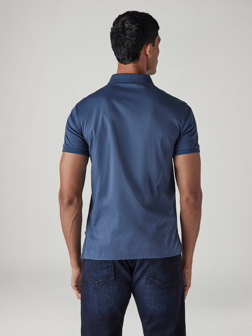 Men's Solid Blue Slim Fit Redloop Interlock Polo T-shirt - Back View