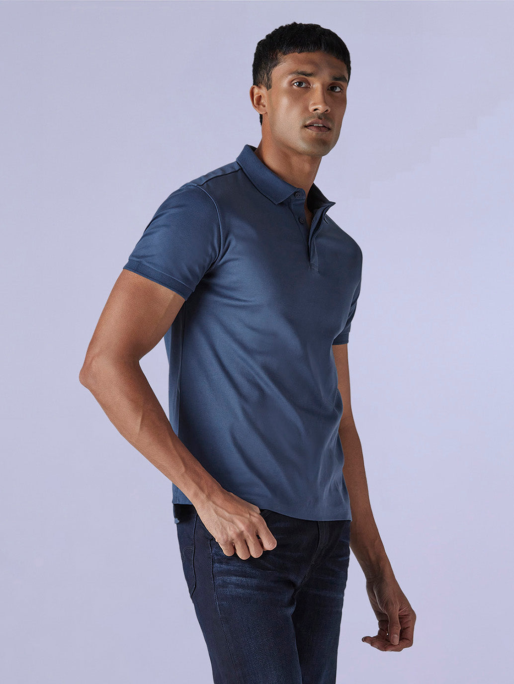 Men's Solid Blue Slim Fit Redloop Interlock Polo T-shirt - f631ac2c-de61-4595-a368-25c8082e861c View